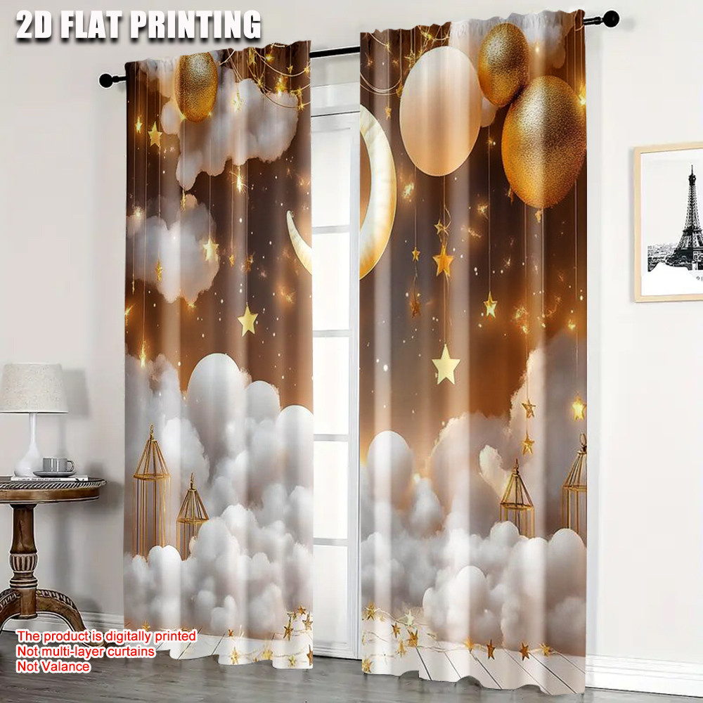 2 ชิ้น, ผ้าม่าน Dreamy Clouds และ Golden Stars ผ้าโพลีเอสเตอร์อเนกประสงค์, ไม่มีไฟฟ้าตกแต่งวันหยุด เ