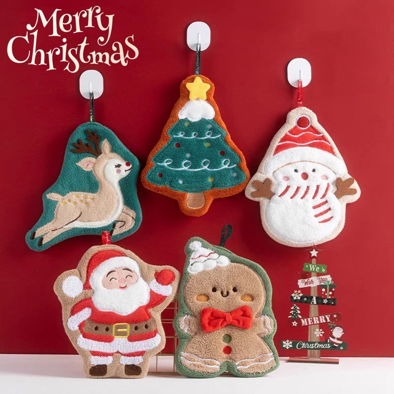 ผ้าเช็ดมือซีรีส์คริสต์มาสการ์ตูนรูปปะการังกํามะหยี่แขวนผ้าขนหนูตกแต่งบ้าน