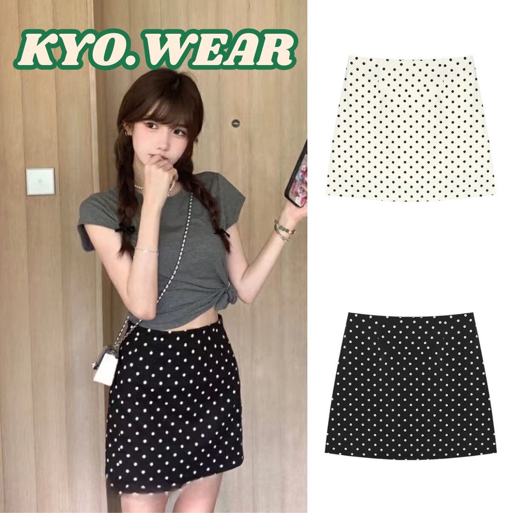 KYO 💖 กระโปรงทรงเอลายจุด  เกาหลี Polka Dot Skirt ซิปข้าง มีซับใน ผ้านิ่มใส่สบายสาวอวบใส่ดี ใส่เที่ยวสวยมาก NK25073