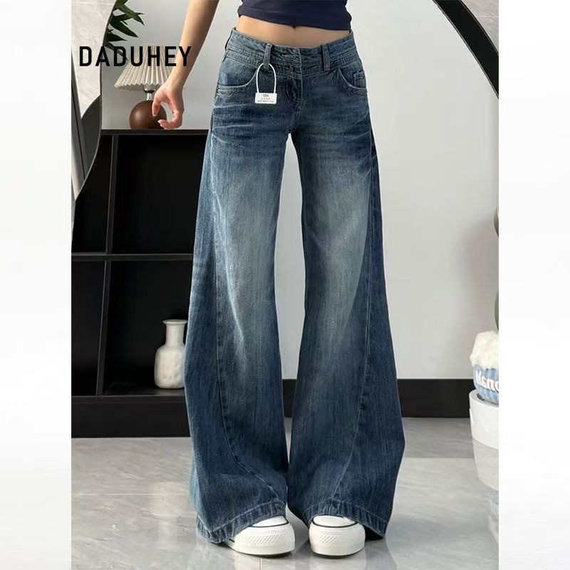 DaDuHey Straight Jeans Women's American Retro Hot Girl Low Waist Wide Leg High Slimming Mop Trousers