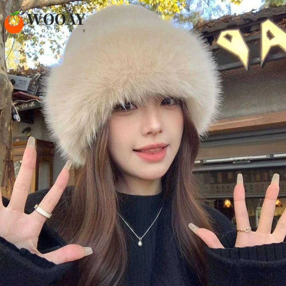Wdgw ขนปุยหมวกถัง,หนาอบอุ่นตุ๊กตาปานามาหมวก,เย็นหลักฐานเลียนแบบขนมิงค์สีทึบ ไม่มีปีก ฤดูหนาว หมวกไหมพรม หมวกกลางแจ้งเล่นสกี