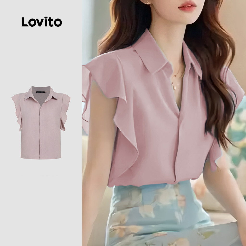 (New) Lovito เสื้อบรุษผ้าฝ้ายแบบลำลองเส้นสายฤดูใบไม้ผลิ/ฤดูร้อน เสื้อบรุษสีชมพูอ่อนสำหรับผู้หญิง L150ED624