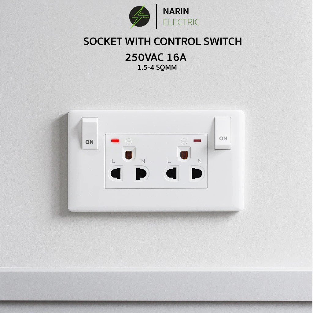 ชุดเต้ารับปลั๊กไฟพร้อมสวิตซ์ ควบคุมการจ่ายไฟ 250V 16A ติดผนัง ปลั๊กไฟบ้าน ปลั๊กไฟสากล