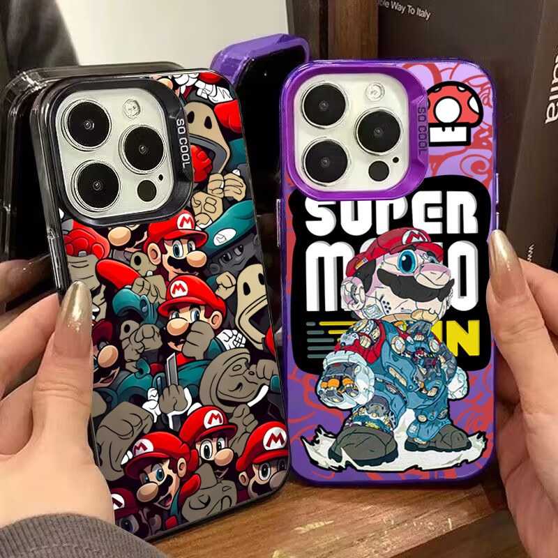 ปลอกสําหรับiphone 16 11 15 Pro Max 14 11 12 13 15 Pro XR XS Max X 7 8 Plus SE2020 2022 Supermariaการ์ตูนโลหะชุบปกแข็งกันกระแทก