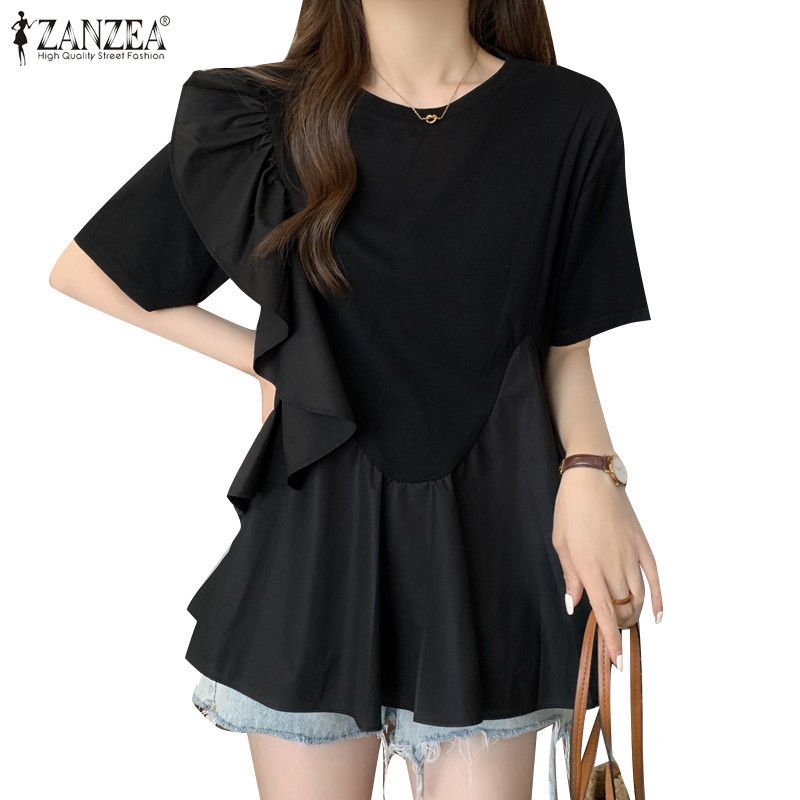 Zanzea เสื้อเบลาส์แขนสั้นคอกลมลําลองสไตล์เกาหลีสําหรับผู้หญิง
