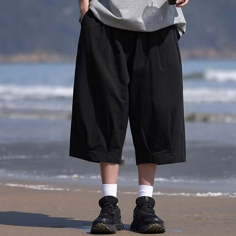 กางเกงขาสั้นทํางานลําลองขากว้างย้อนยุคอเมริกันสําหรับผู้ชาย กางเกงขากว้างทรงหลวมเอวสูงกระชับสัดส่วน