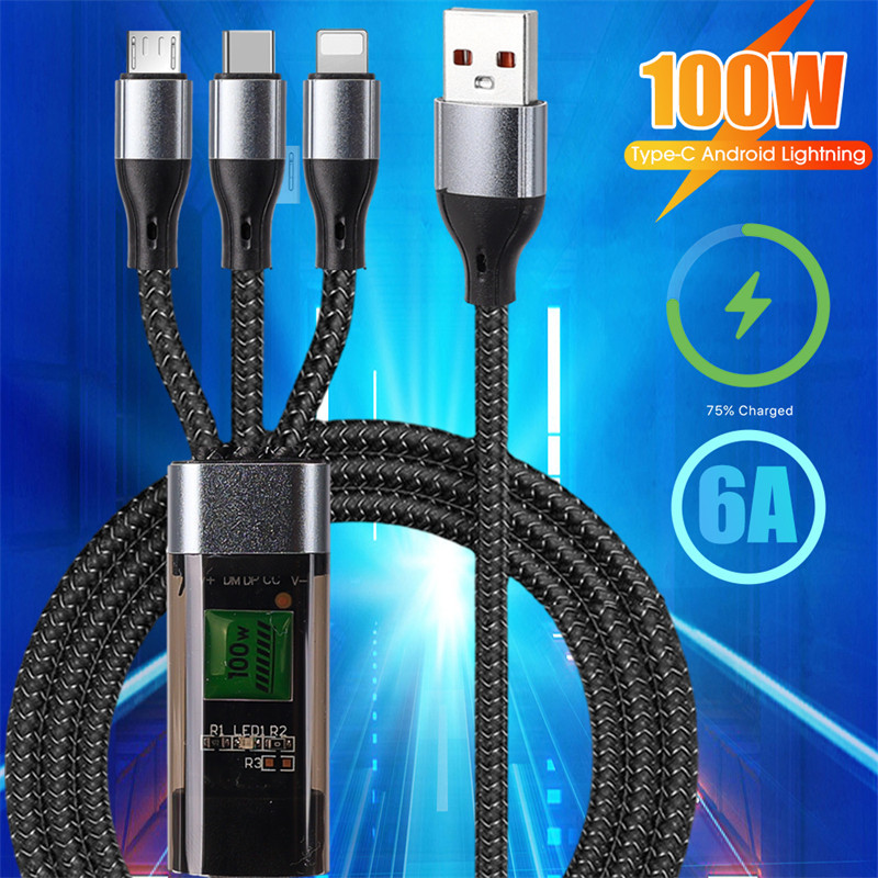 3 in 1 100W 6A Type C สายชาร์จเร็วสุด - 1.2 ม. พอร์ต Usb หลายตัวไนลอนถักสายเคเบิลข้อมูลสากล