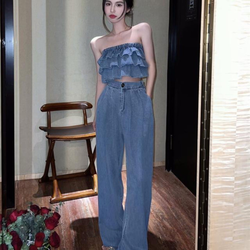 Ruffled Tube Top เสื้อกั๊กขนาดเล็กชุดชิ้นเดียวป้องกันแสงสะท้อนสาวร้อนเซ็กซี่เรียบง่ายทุกการแข่งขัน Classy สวมใส่ด้านนอกด้านใน Bottoming เสื้อเสื้อผ้าผู้หญิงชั้นนํา