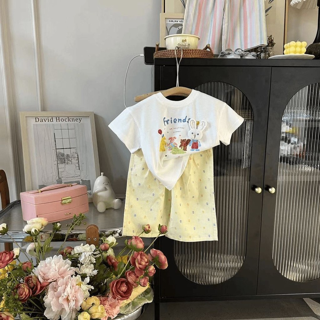 สาวฤดูร้อนป้องกันยุงกางเกงเสื้อยืดชุด 2024 เด็กใหม่แฟชั่นเด็กทารกฤดูร้อนแขนสั้นชุดสองชิ้น