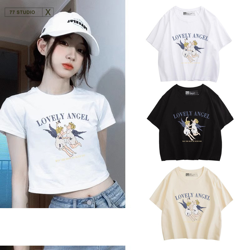 （พร้อมส่งจากกทม มาถึงใน 2วัน）เสื้อครอป cotton T-shirt สวมใส่สบาย LOVELY ANGEL ชิคๆ เสื้อเชิ้ตผู้หญิง