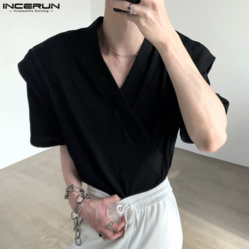 Incerun เสื้อยืดแขนสั้นคอวีลําลองสําหรับบุรุษเกาหลี