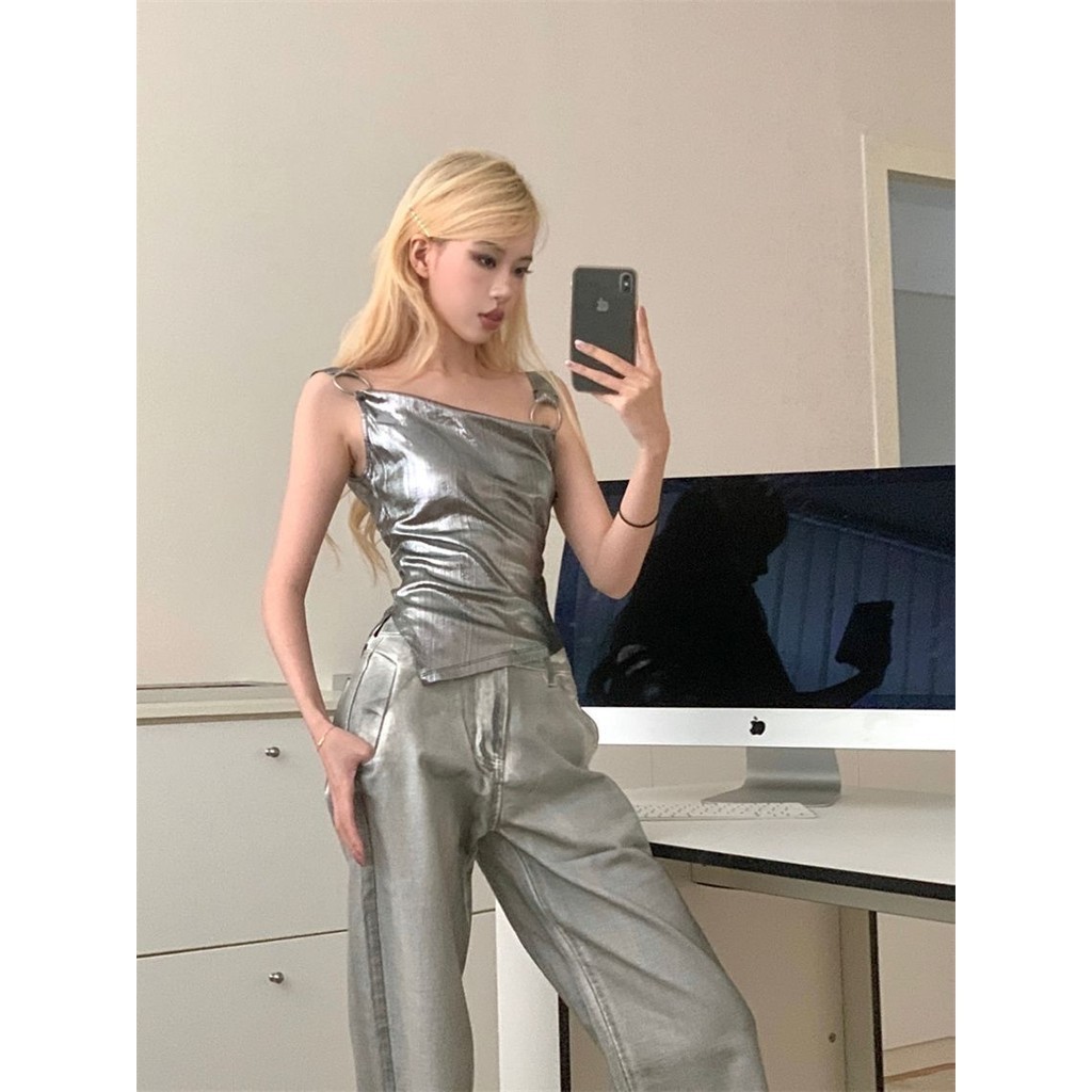 สาวเผ็ด Camisole ผู้หญิง Retro โลหะเงิน Y2K บางสไตล์ Crop Top All-Match ภายในสวมใส่ Party Club ฐานด้านบนเซ็กซี่ฤดูร้อน