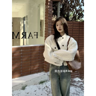 เสื้อโค้ททรงหลวมสไตล์เกาหลีแบบสั้นแมทช์ลุคง่ายสำหรับคนตัวเล็กเสื้อโค้ทผู้หญิงหนาสไตล์ชาแมทช์ฤดูใบไม้ร่วงและฤดูหนาวเลียนแบบขนแกะคุณภาพสูง8sxa