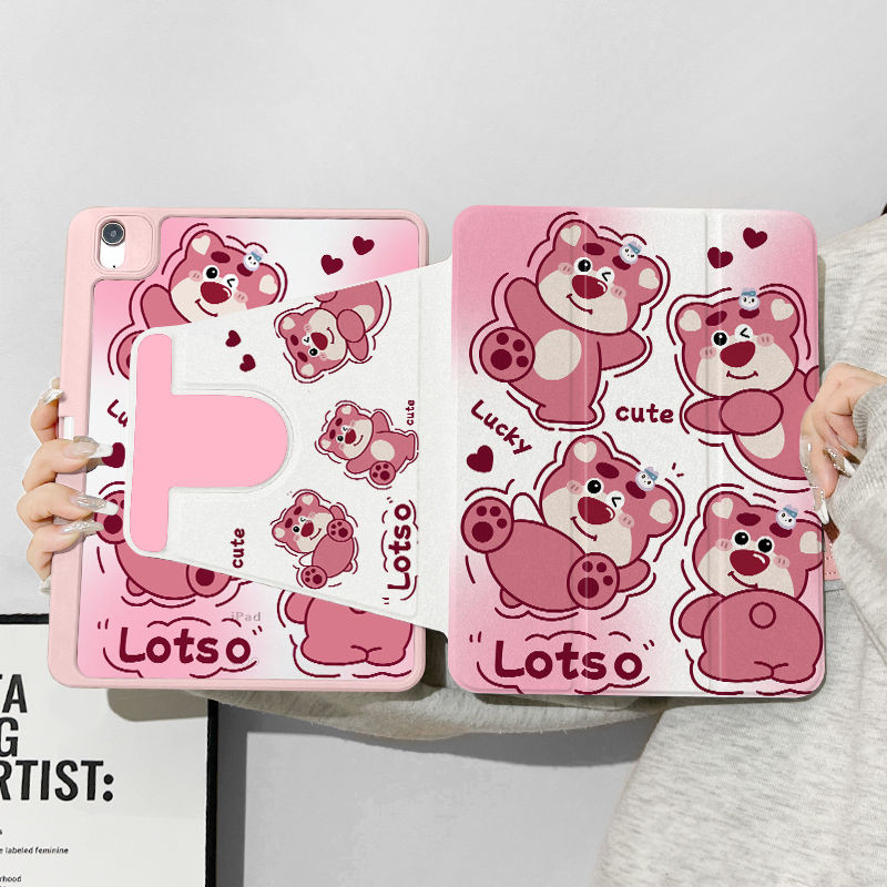 เคส Ipad 360 ° Rotation Funny น่ารักสตรอเบอร์รี่หมีเหมาะสําหรับอะคริลิค iPad Air6 Gen7/8/9 10.2 Gen5/6 9.7 Air4 Air5 10.9 Pro11 Gen10 Triple พับ iPad Cover