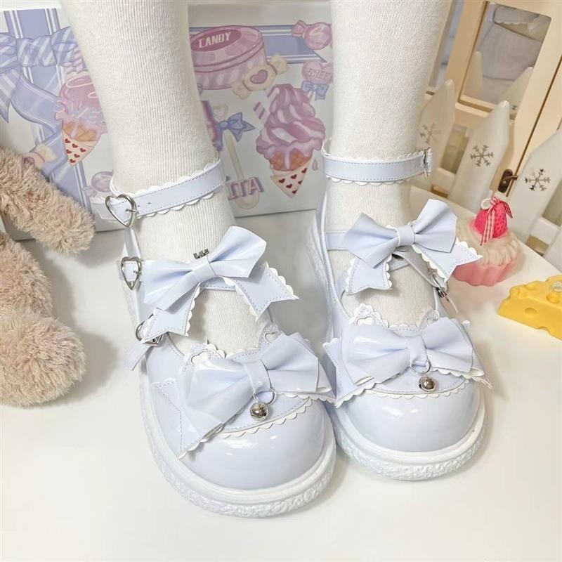 Lolita น่ารักนุ่มสาว Preppy ชุดรองเท้าหนัง Mary Jane Bow Big Toe รองเท้า