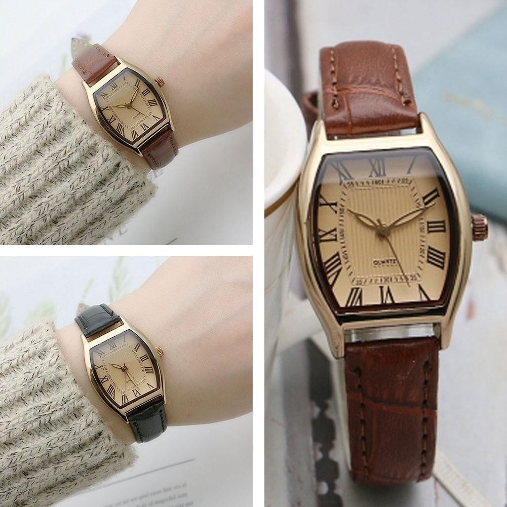 Vintage Small Square Quartz Watch สายหนังผู้หญิง Casual Simple นาฬิกาข้อมือ J1p8