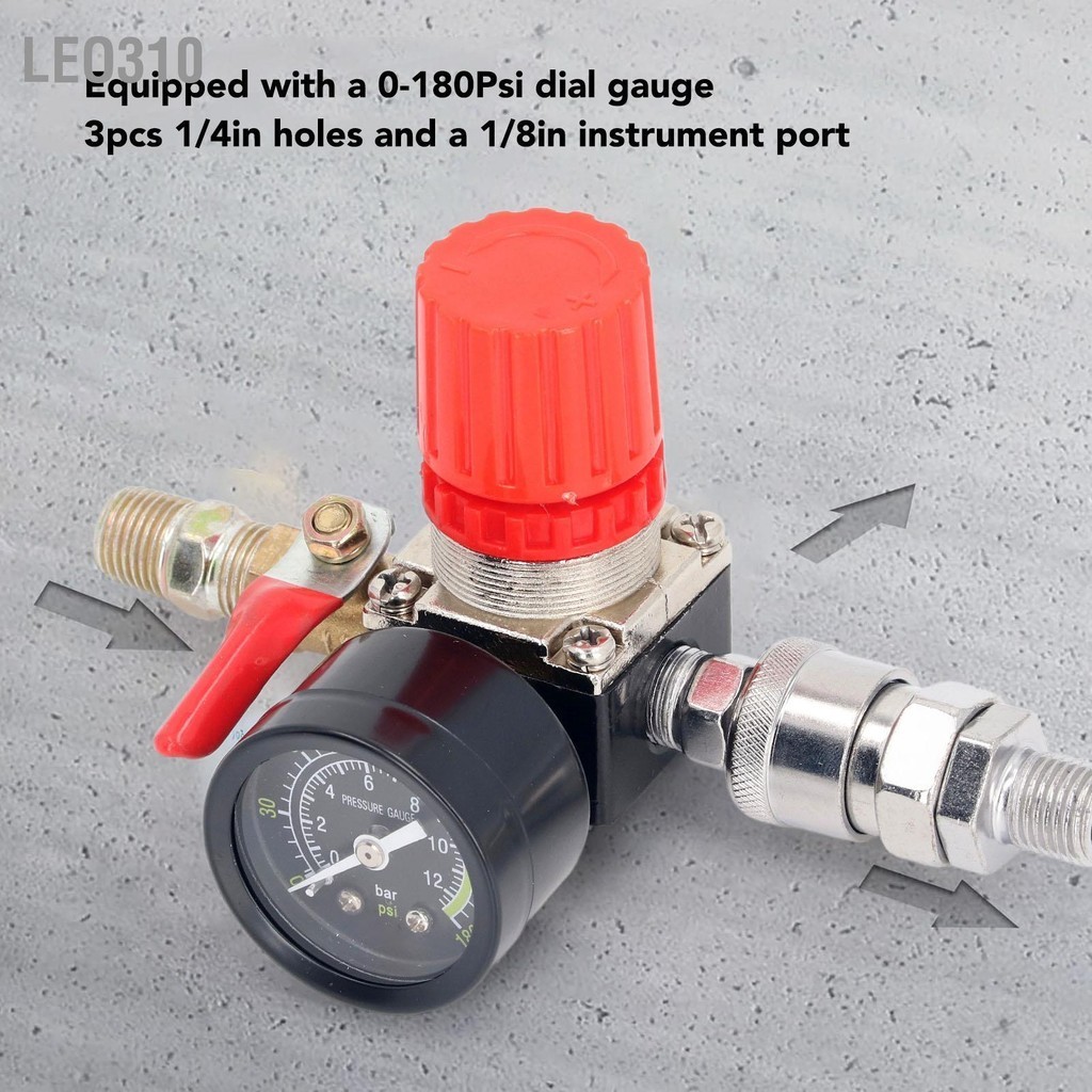 Leo310 ตัวปรับแรงดันลมคอมเพรสเซอร์ 0-180 PSI ตัวควบคุมความดัน 1/4 นิ้วพร้อมวาล์วเกจสำหรับการควบคุม