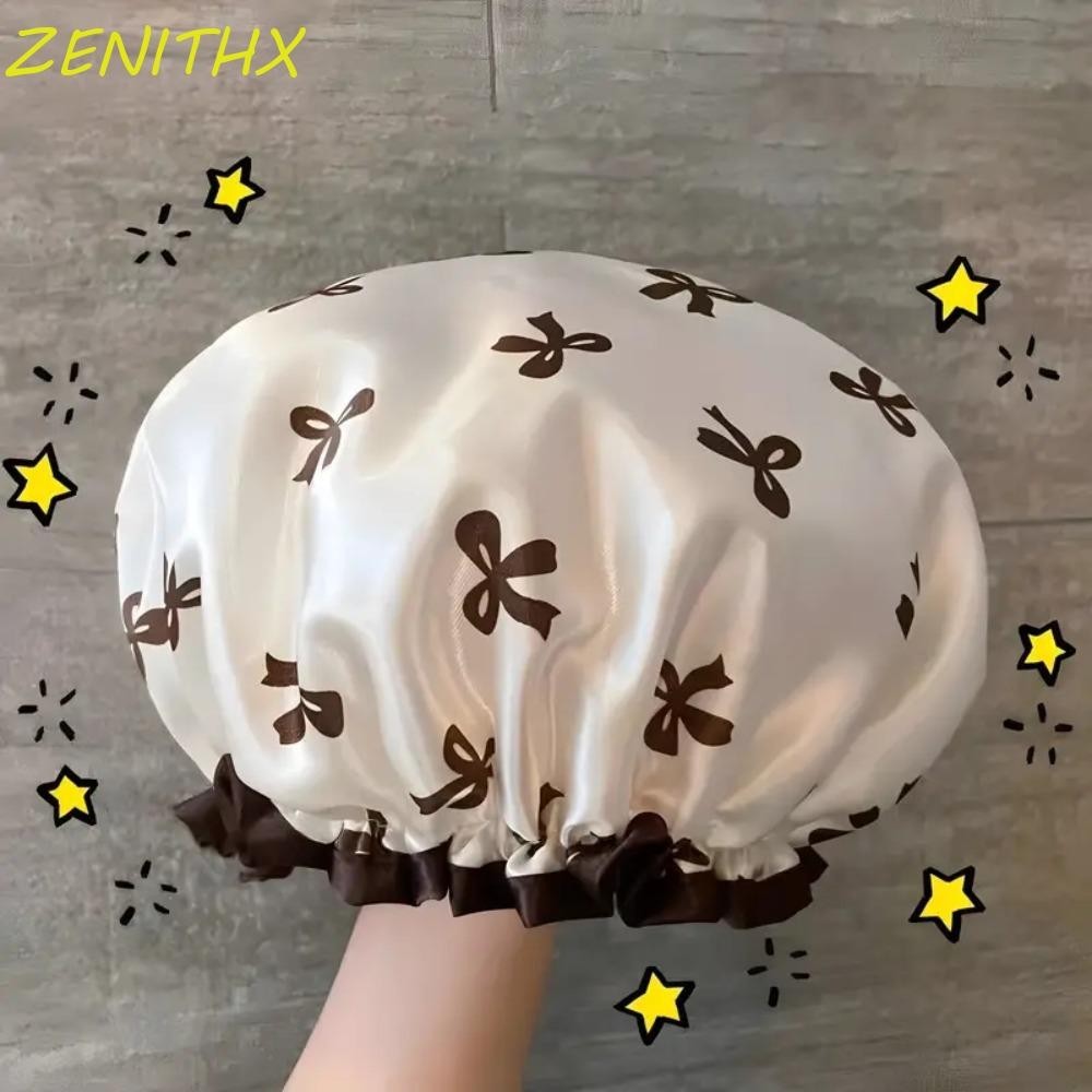 Zenithx หมวกอาบน้ํา, Anti-Fouling Elegant Bow Pattern Design หมวกอาบน้ําสองชั้น, น่ารักนํากลับมาใช้ใหม่กันน้ําหนาหมวกผมผู้ใหญ่