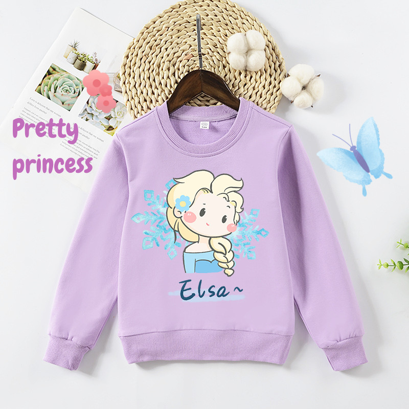 สาวแขนยาว Elsa Princess Mermaid Princess Snow White French Terry ลูกเรือคอฤดูใบไม้ร่วงใหม่ Baby Top