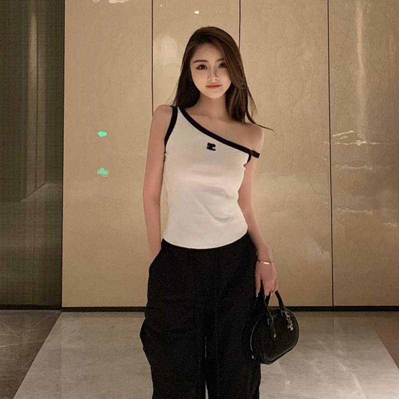 Siner-ผู้หญิงittided Tank Tops Slim Contrast Trim Oneไหล่เฉือนคอBacklessเสื้อแขนกุดสําหรับฤดูร้อนStreetwear