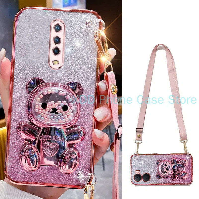 ปลอกredmi K30S K30 pro K40 pro K40SกรณีElectroplatingโปร่งใสGlitter 3D Quicksandหมีวงเล็บเคสโทรศัพท์พร้อมCrossbody Lanyard