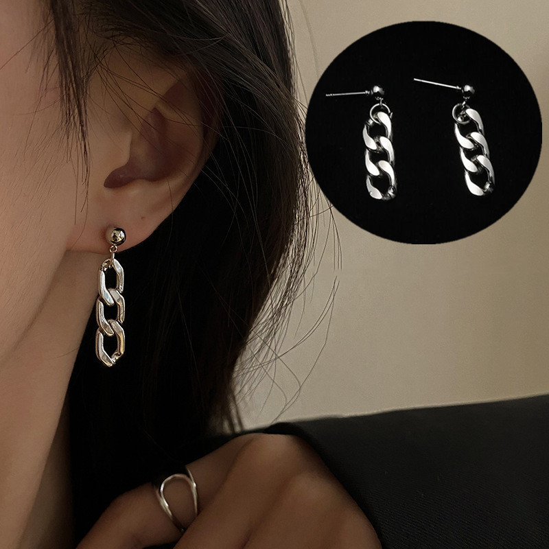 Punk Cuban Link Chain Stud ต่างหูสําหรับแฟชั่นผู้หญิงของแท้หนังสตั๊ดต่างหู Clasp Dangle Rock เครื่องประดับของขวัญ