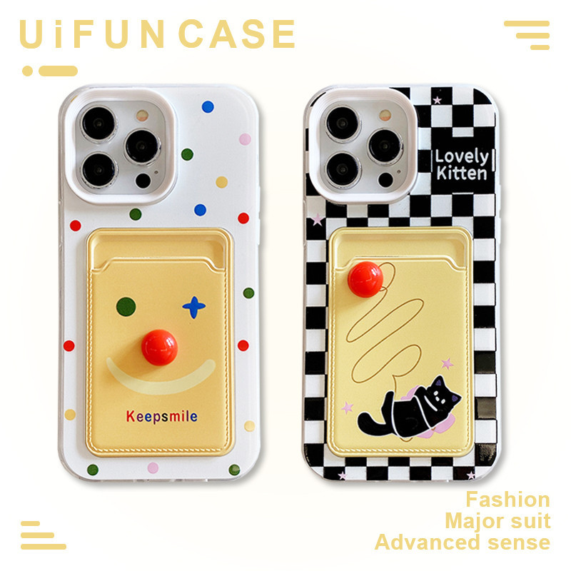 3d Wave Point Jokerแมวดําลายตารางหมากรุกผู้ถือบัตรเคสโทรศัพท์เข้ากันได้สําหรับiPhone 15 14 Plus 13 12 11 Pro Max Xr X Xs 8 7 6 Shock Proof TPU + PCปกหลังปลอก