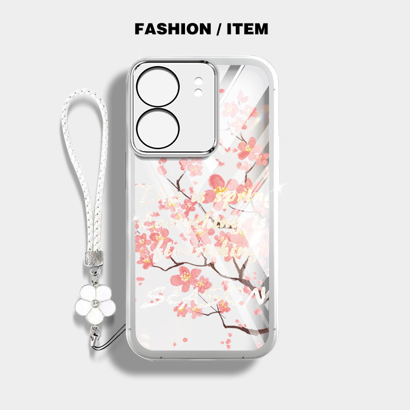 รูปแบบดอกพีชกันกระแทกเคสโทรศัพท์สําหรับ Xiaomi Redmi 13 4G Redmi 13C 14C 4G 5G Poco C65 Poco M6 4G 5G หมายเหตุ 13R ปลอกโปร่งใสฝาครอบป้องกันด้วยเชือกแขวนดอกไม้