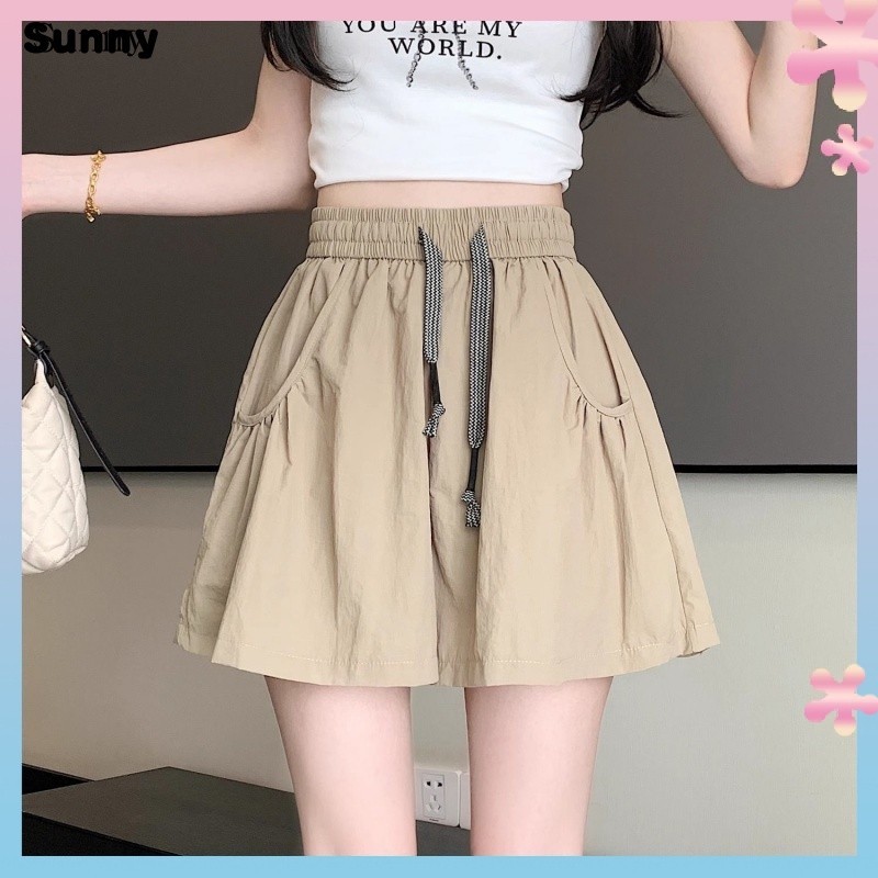 Sunny Elastic Waist Casual Cargo Shorts Thin New2024Small Summer Drawstring High Waist Loose Wide Legs Hot Pants