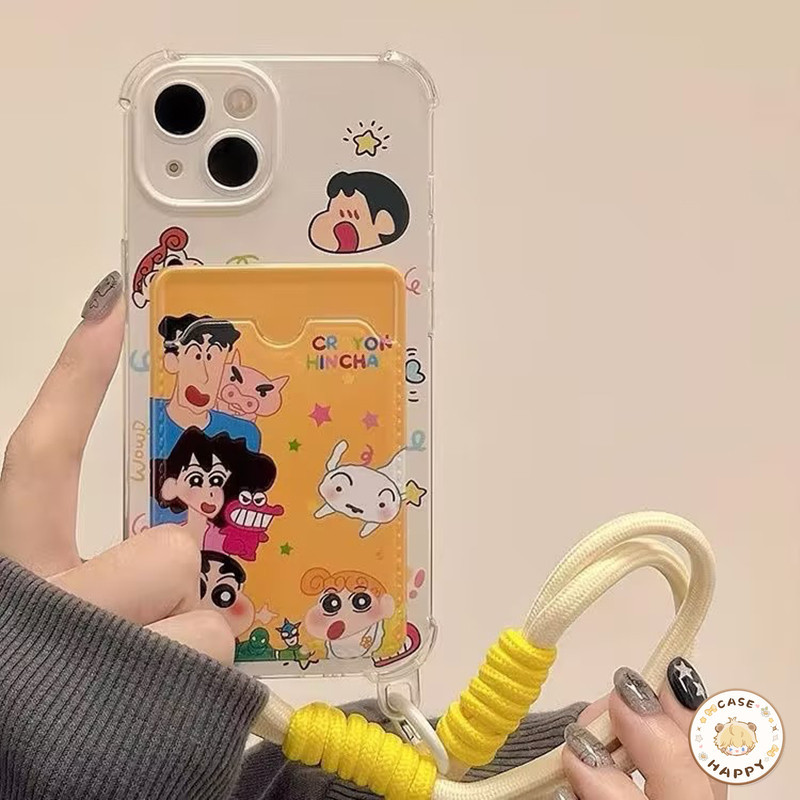 ไดโนเสาร์น่ารักสีสีเทียนชิน ช่องใส่บัตรพร้อมสายคล้อง เคสIPhone 13 11 14 15 12 Pro Max 8 7 15 Plus X XR XS Max SE 2020