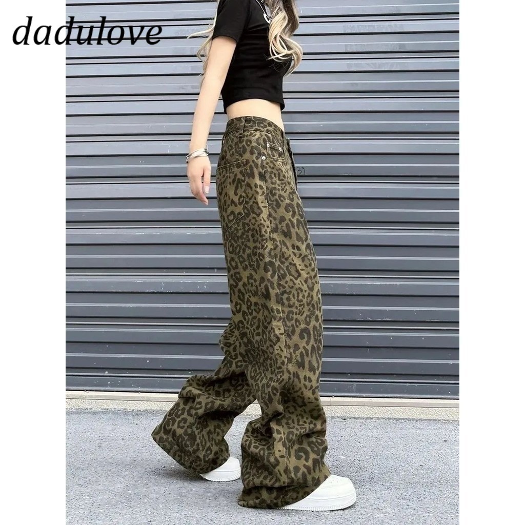DaDulove2026 กางเกงยีนส์ผู้หญิง เอวสูง ทรง Baggy ลาย Leopard สี Khaki ผ้ายีนส์ ใส่ Streetwear ดูเท่ ไซส์ใหญ่