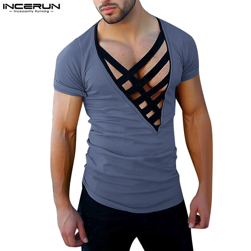 Incerun เสื้อยืดแขนสั้นประกบดีไซน์วินเทจสําหรับผู้ชาย
