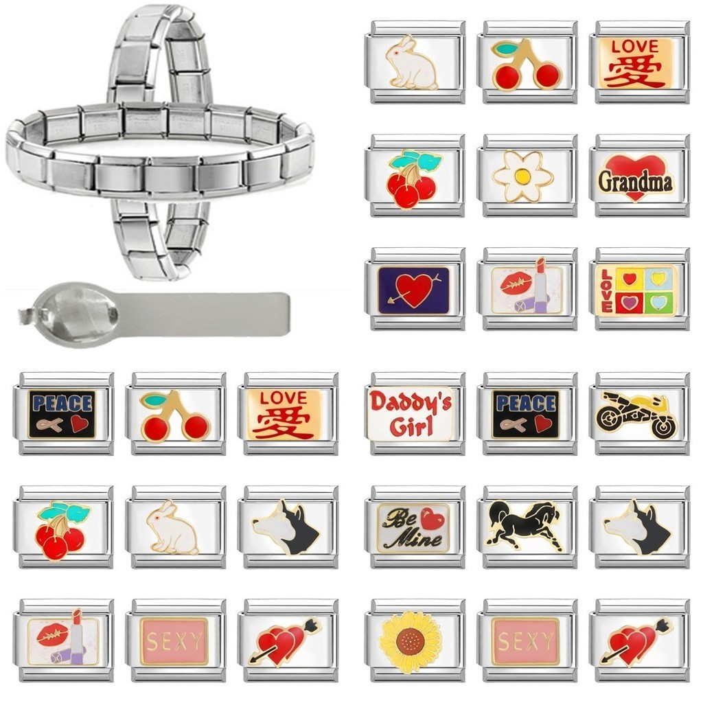 ใหม่ยายพ่อรักเชอร์รี่ดอกไม้อิตาเลี่ยน Charm Links Fit 9 มม.สร้อยข้อมือสแตนเลส Diy เครื่องประดับทําอุปกรณ์เสริม Retro บุคลิกภาพโมดูลสร้อยข้อมืออุปกรณ์เสริม
