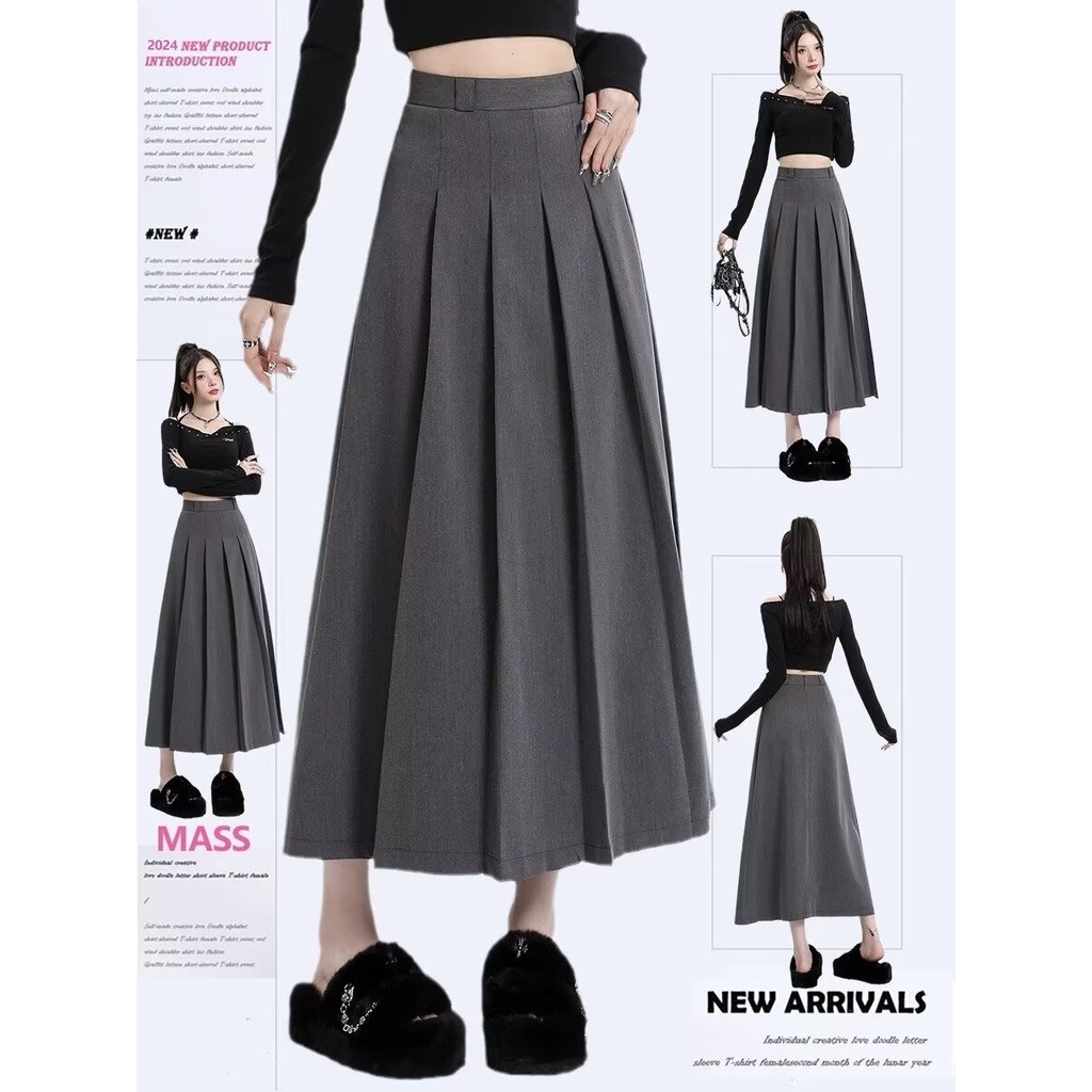 กระโปรงจีบสีเทาฤดูร้อนความยาวกลางเอวสูง a-Line Slimmer ดู Preppy สไตล์กระโปรงสั้นหญิงฤดูใบไม้ผลิฤดูใบไม้ร่วงชุดวัสดุกระโปรง