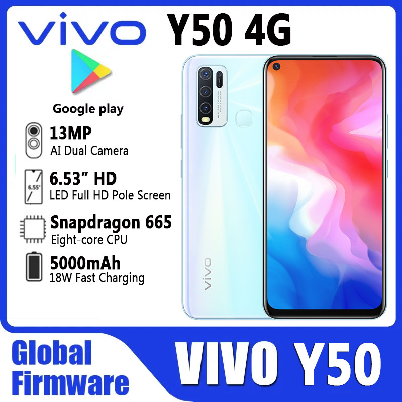 Vivo Y50 โทรศัพท์มือถือ Global เฟิร์มแวร์ Snapdragon 665 Octa Core 6.53 "5000mAh 18W Dash Charge 8GB
