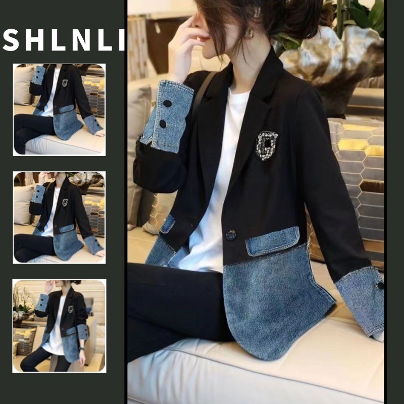 ฤดูใบไม้ผลิฤดูใบไม้ร่วงผู้หญิงขนาดบวกผ้ายีนส์เย็บปะติดปะต่อกันปักแจ็คเก็ตเสื้อเบลเซอร์