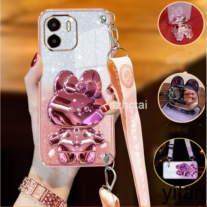เคส Redmi A1 4G 2022 สายยาวสายคล้องข้อมือสไตล์กับกระต่ายเครื่องสําอางกระจกยึดยึดเคสโทรศัพท์ ทีพียู นิ่ม เคสโทรศัพท์ Redmi A1 4G 2022