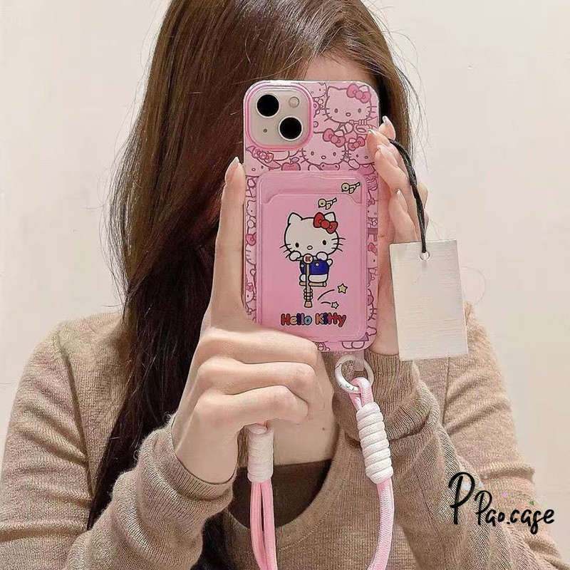 กระเป๋าสตางค์สายคล้องบัตรสีชมพูเฮลโลคิตตี้ IPhone 11 XR 7Plus 13 15 14 12 Pro Max 15 8 14 Plus X XS Max SE 2020 หน้าปก