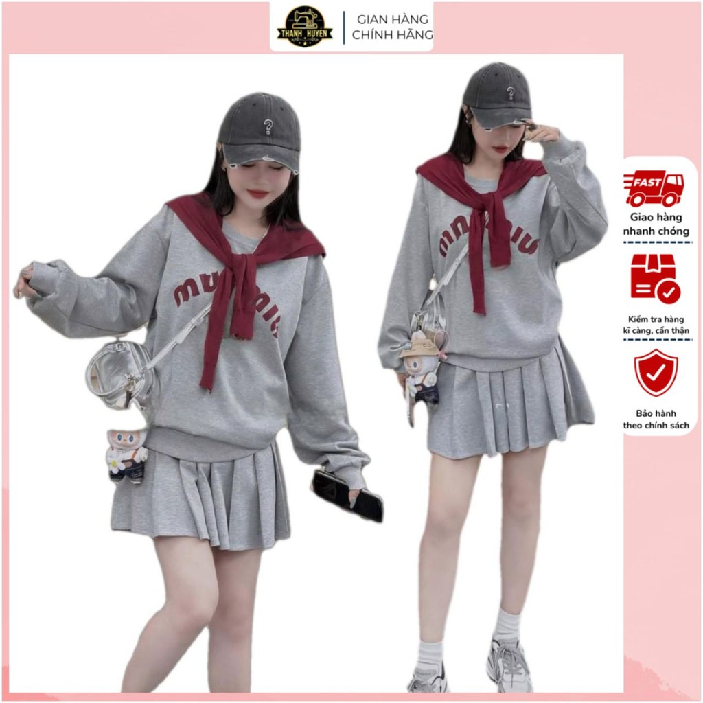 ชุดกระโปรงสักหลาดจีบพร้อมผ้าพันคอกะลาสีแบบถอดได้พิมพ์ลาย MNMIU FREESIZE 40-70Kg