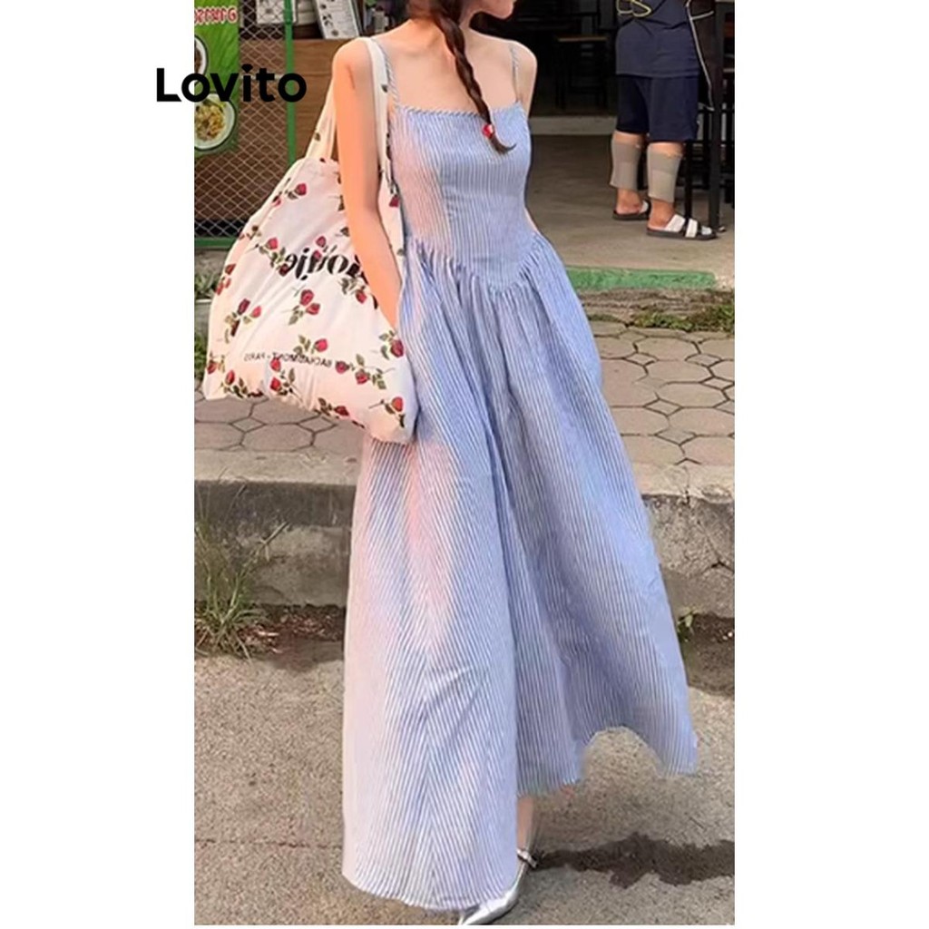 Lovito ชุดเดรสผู้หญิง เปิดไหล่ ลายทาง สไตล์หรูหรา LNE66371
