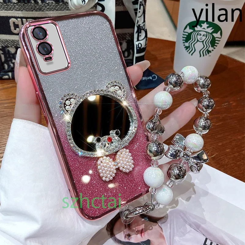 เคสโทรศัพท์ แวววาว vivo Y76 5G กระจกแต่งหน้าหูหมีเพชรหรูหราพร้อมเชือกเส้นเล็ก เคส vivo Y76 5G