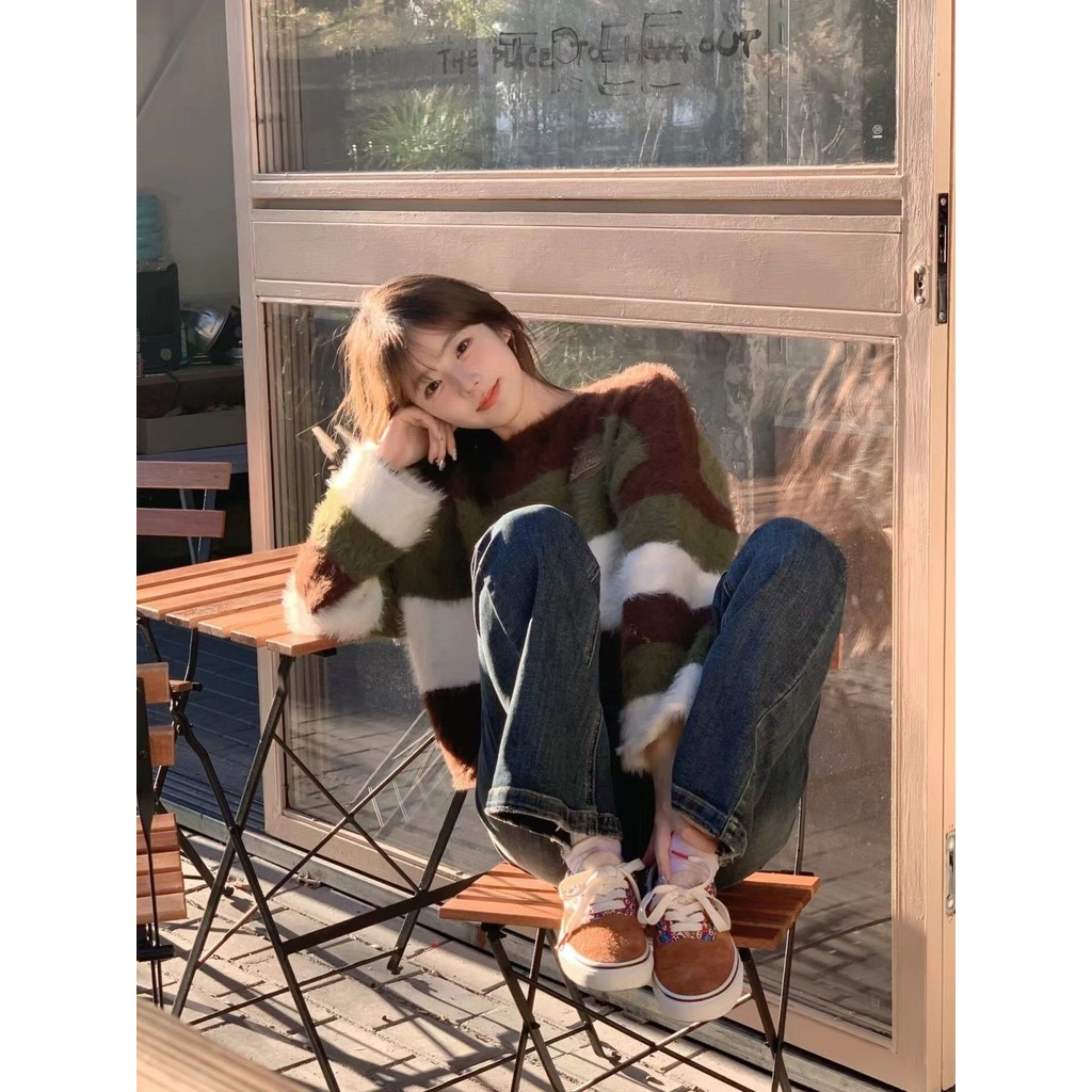 ❤️【สินค้าพร้อม】❤️ อเมริกันมิงค์ผมสีคมชัดลายเสื้อกันหนาวผู้หญิงหลวมรอบคอเสื้อสวมหัวเสื้อแขนยาว - รูปที่ 7