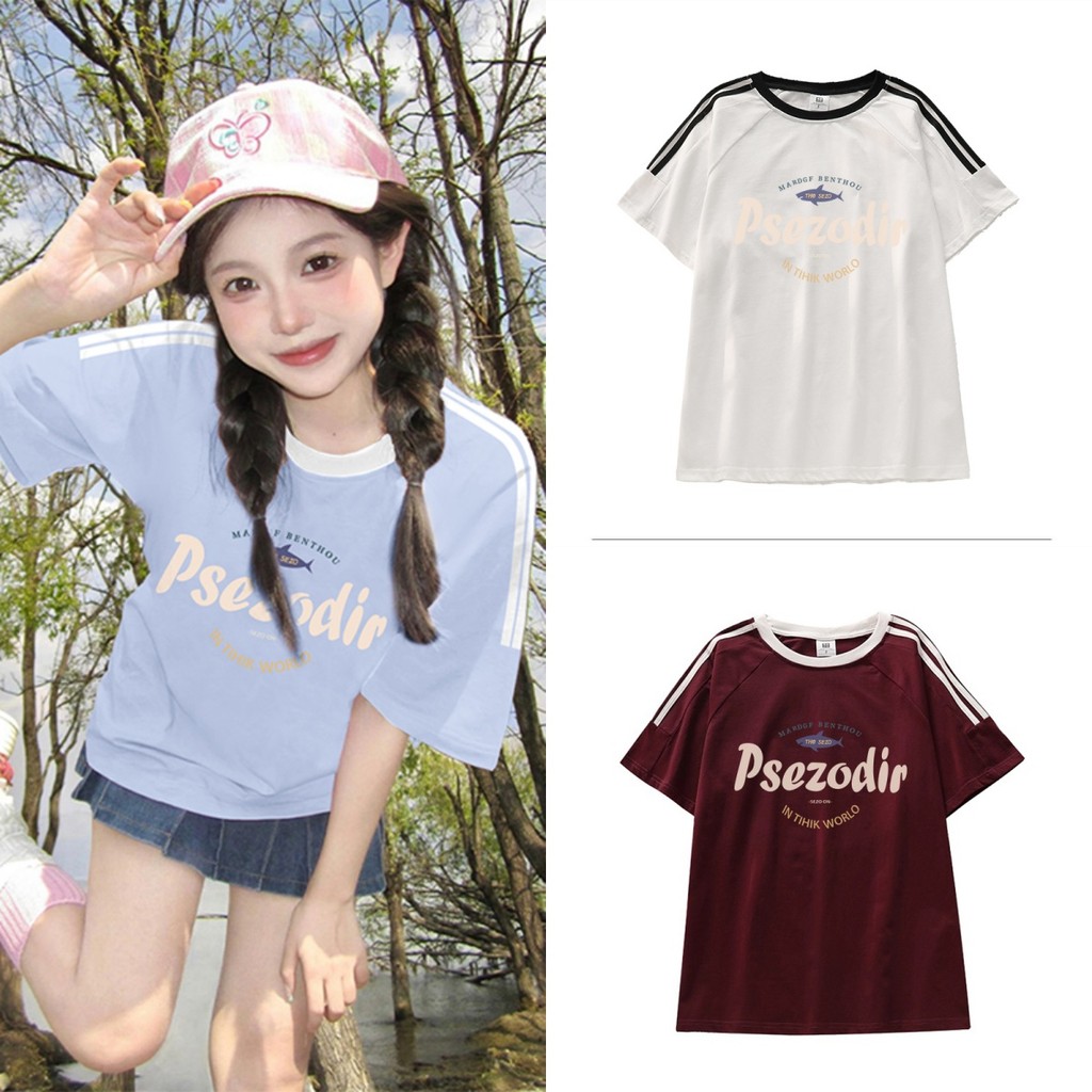 2024 สไตล์สาวหวานเสื้อยืดเกาหลี โดปามีน เสื้อยืดพิมพ์ลายคอกลมด้านบนเสื้อเชิ้ตแขนสั้นขนาดใหญ่ทุกวันสตรีทแฟชั่นเทรนด์ยอดนิยม