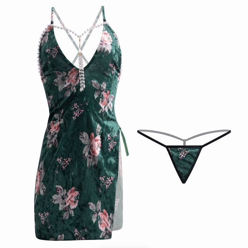 ชุดชั้นในเซ็กซี่หญิงเซ็กซี่พิมพ์มุกลึก V cheongsam เอวสูงแยกกระเป๋าสะโพกยั่วยวนชุดนอนบริสุทธิ์2413