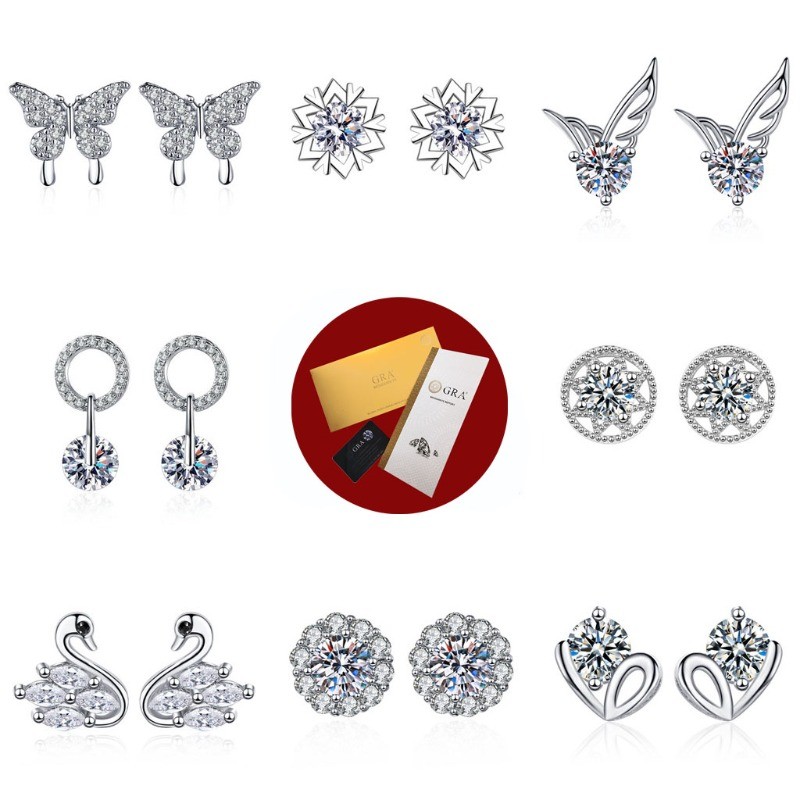 (พร้อมใบรับรอง Gra) S925 ต่างหูเงินแฟชั่น Elegant Moissanite ต่างหูเพชรสีขาวเครื่องประดับอินเทรนด์
