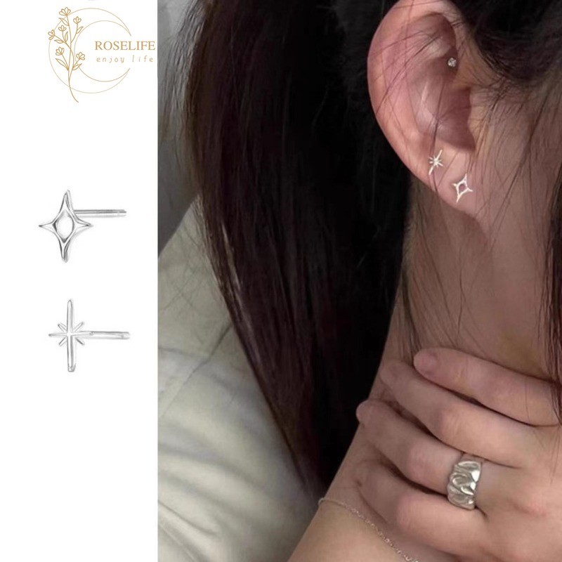 Roselife S925 เงิน Minimalist ไม่สม่ําเสมอ Mini Cross Star Pierced ต่างหูสําหรับผู้หญิงผู้ชาย Hypoallergenic ออกแบบ Unisex หู Studs ทุกวันเครื่องประดับอุปกรณ์เสริมของขวัญ