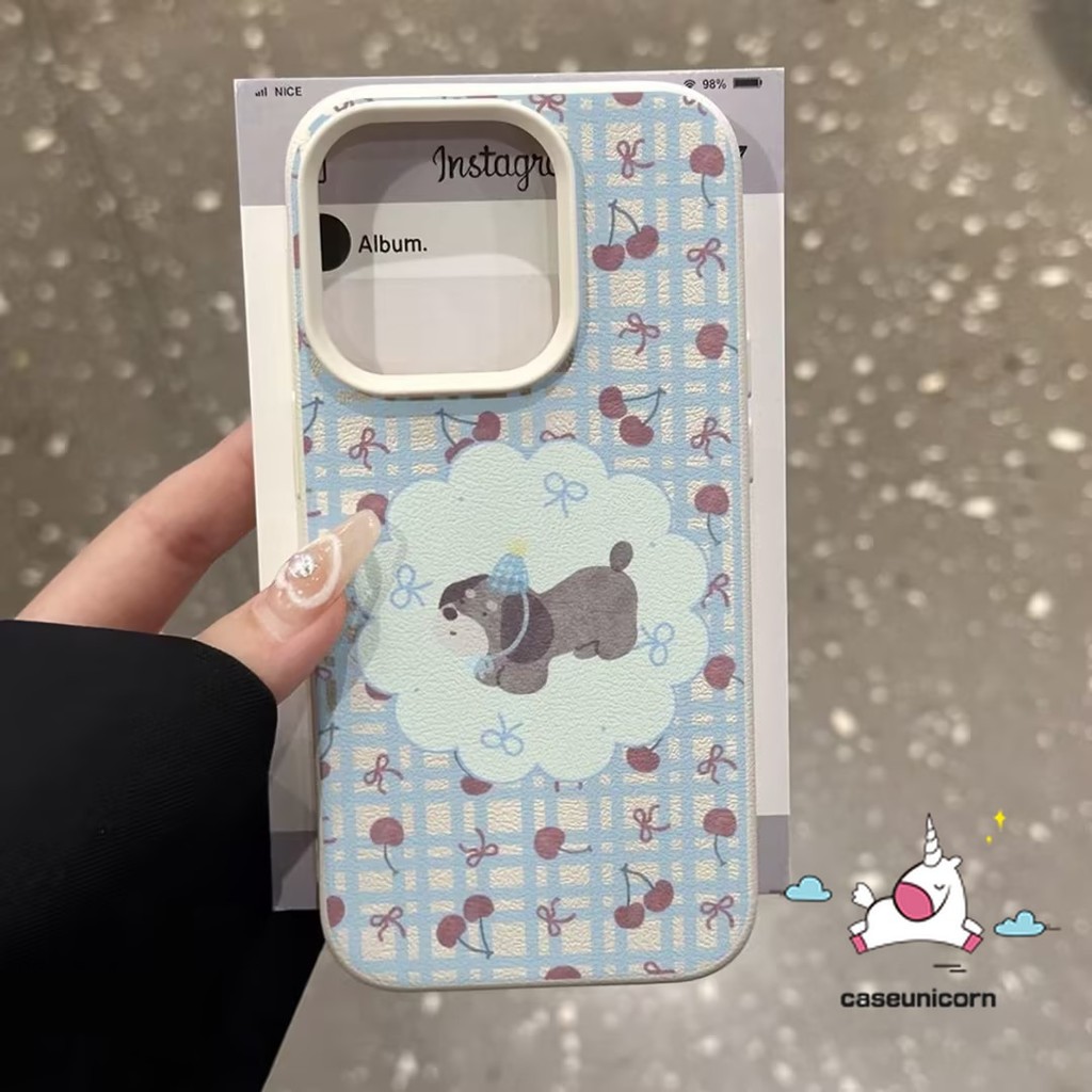 Creative Cherry Doodle น่ารักลูกสุนัขกระต่ายการ์ตูนหมีโบว์สําหรับ IPhone 11 16 12 14 15 13 Pro Max 15 14 16 Plus X XR XS Max หนังหรูหราผิวรู้สึกนุ่มกรณี