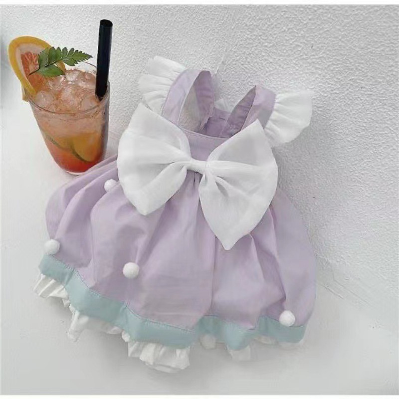 Ruffle แขนเสื้อสุนัขชุดเสื้อผ้าสัตว์เลี้ยงสีเหลืองสีม่วง Puppy Cat เครื่องแต่งกาย Bowknot ชุดสําหรับสุนัขวันเกิด Weding Party Terno Dressing