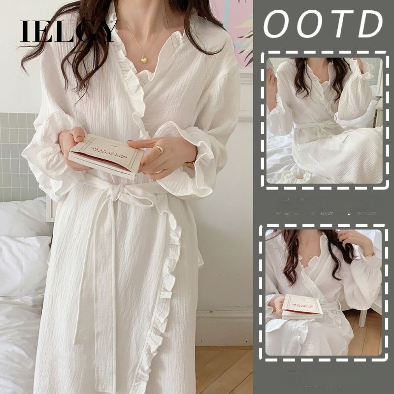 IELGY ชุดนอน แขนยาวเรียบง่ายสําหรับผู้หญิงหวาน อิน สไตล์ น่าระทึกใจ บางสีทึบชุดนอนเสื้อผ้าที่บ้าน