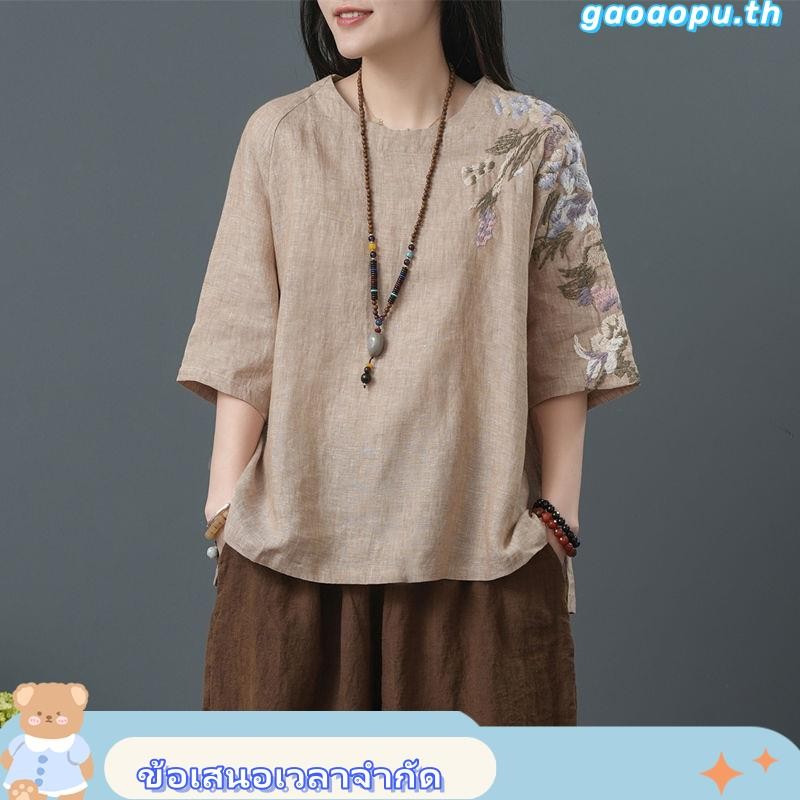 เสื้อยืด ผ้าฝ้าย และผ้าลินิน ปักลาย แบบเรียบง่าย แฟชั่นฤดูร้อน สไตล์เรโทร สําหรับผู้หญิง